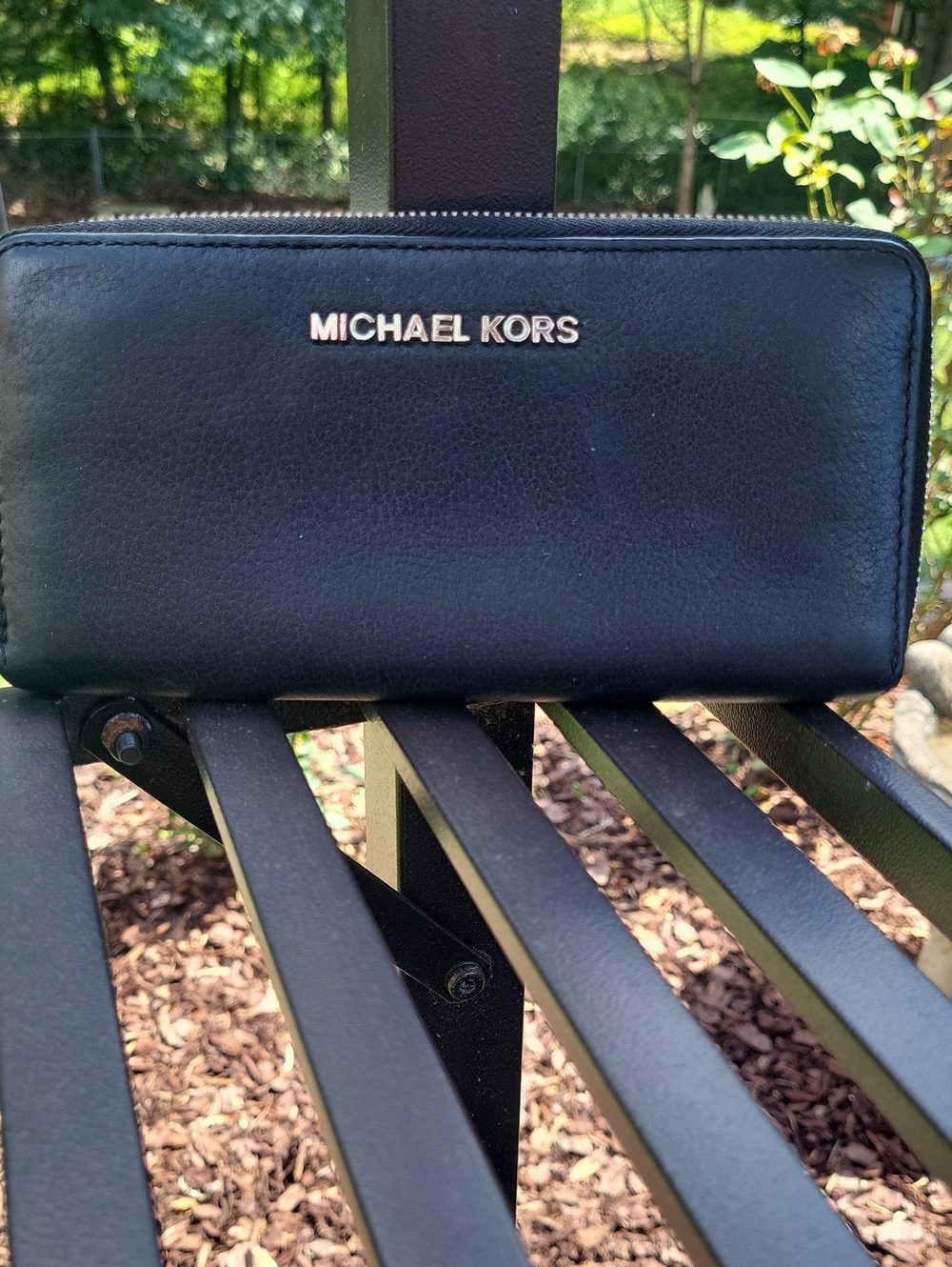 Michael Kors Black Leather Zip-Around Wallet with Gold Logo